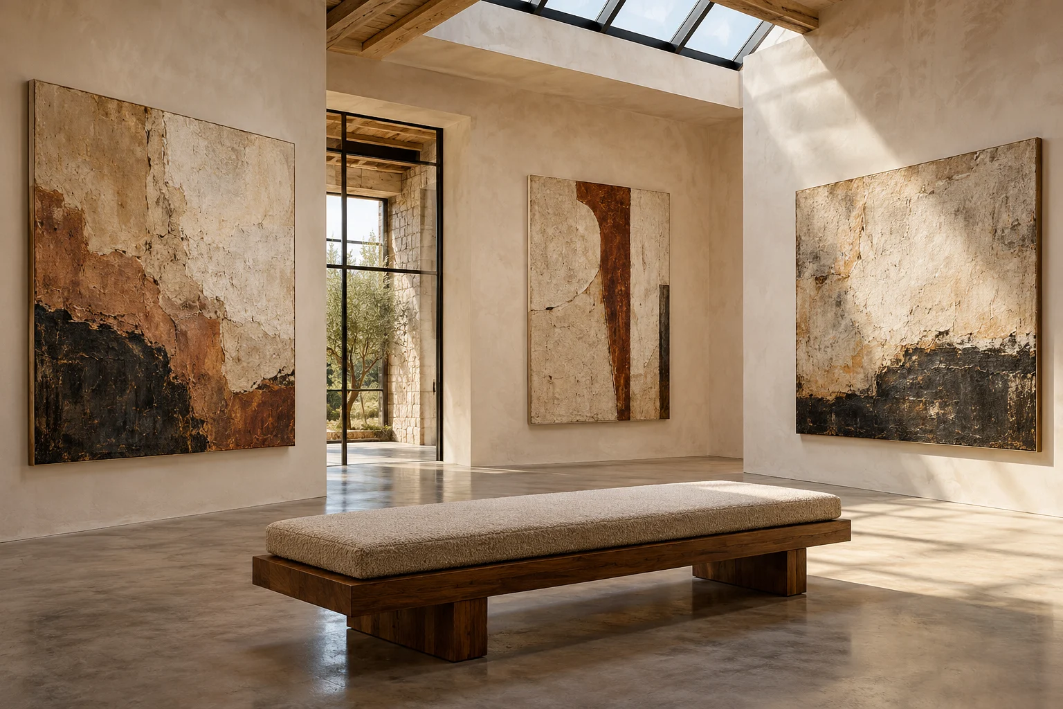 AI-created illustration of a quiet contemporary gallery with original abstract artworks.